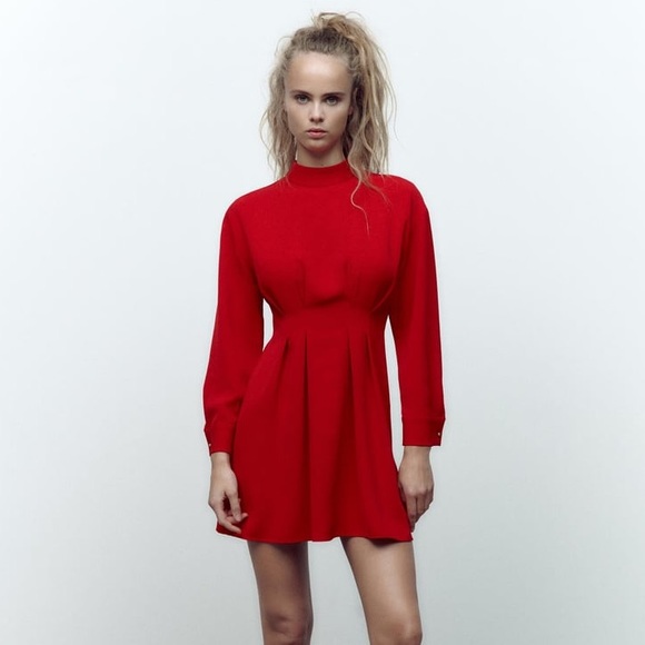Zara - RED PLEATED MINI DRESS (XS) - Picture 2 of 10